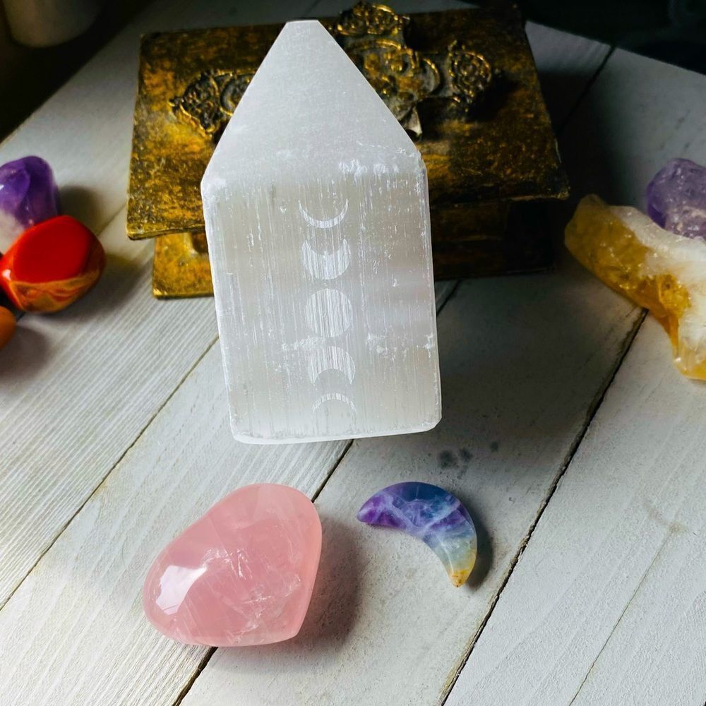 Etched Selenite Tower Rose Quartz Heart Fluorite Moon Bundle